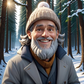 masterpiece artwork, best quality,  

Cartoon Illustration, 
a jolly man named Nicholas, wears a light brown knitted hat, a long white and grey beard, and a  jacket, greeting, smiling, close-up, portrait, winter morning, forest,

8k, octane render, natural lighting, hyperrealistic, 
3d cartoon, extremely detailed, dynamic angle, 
magic, surreal, fantasy, digital art, UHD, cinematic perfect light,