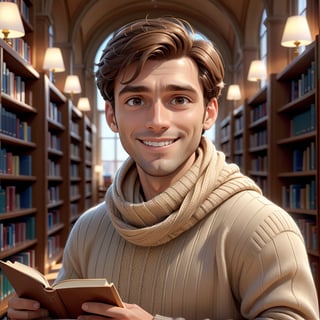 masterpiece artwork, best quality,  

Cartoon Illustration, 
 A 3d handsome man, and brown hair, clean face, wearing a beige sweater, and scarf, smiling and reading in a library,

8k, octane render, natural lighting, hyperrealistic, 
3d cartoon, extremely detailed, dynamic angle, 
magic, surreal, fantasy, digital art, UHD, cinematic perfect light,