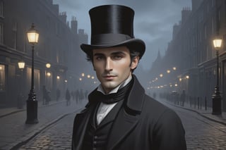 (Masterpiece, Best quality), (exterior night, image of a man, thin with very marked cheekbones, an aquiline nose and penetrating gray eyes, wearing elegant Victorian-era clothing, black clothes, a very dark gray top hat, outside at night on the street of old London) (finely detailed eyes), (finely detailed eyes and detailed face), (Extremely detailed CG, Ultra detailed, Best shadow), Beautiful conceptual illustration, full body, (illustration), (extremely fine and detailed), (Perfect details), (Depth of field)