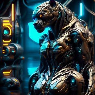 A mutant panther, neon ambiance, abstract black oil, gear mecha, detailed acrylic, grunge, intricate complexity, rendered in unreal engine, photorealistic,Mecha body