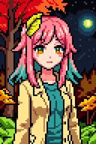 1girl, multicolored  pink hair, upperbody, pixel world,nature, forest, autumn,  yellow leaf, night sky,Pixel art