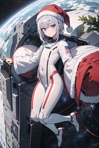 lustration of cute girl, (anime style), (flat:1.5), BREAK, 1girl, solo, (santa claus clothes),white hair, bangs bangs, full body, Looking viewer, (space suit:1.2),