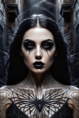 Pale scary woman with black hair, black eyes, black lips, cobweb pattern around her eyes, (((background is a dark alley))), masterpiece, photorealistic, detailed