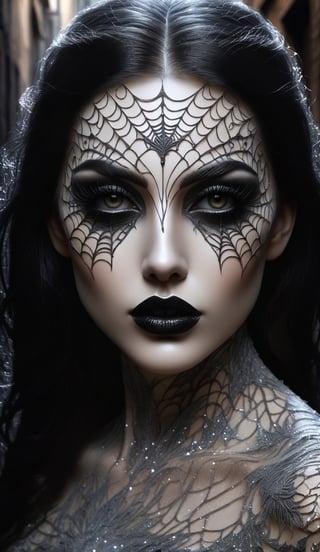 Pale scary woman with black hair, black eyes, black lips, cobweb pattern around her eyes, (((background is a dark alley))), masterpiece, photorealistic, detailed