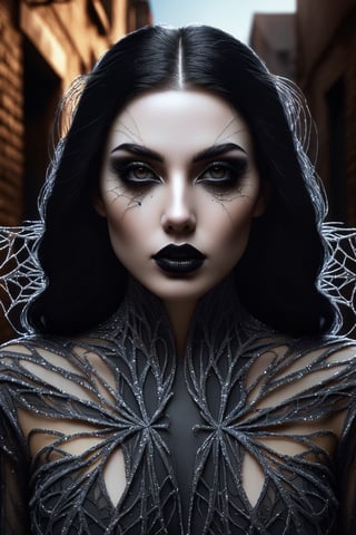 Pale scary woman with black hair, black eyes, black lips, cobweb pattern around her eyes, (((background is a dark alley))), masterpiece, photorealistic, detailed