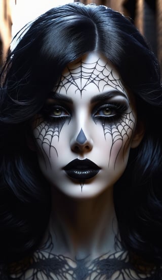 Pale scary woman with black hair, black eyes, black lips, cobweb pattern around her eyes, (((background is a dark alley))), masterpiece, photorealistic, detailed