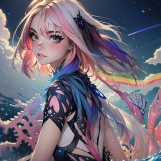 masterpiece,top quality,best quality,watercolor,(medium),official art,beautiful and aesthetic,(1girl:1.3),(fractal art:1.3),upper body,from side,looking at viewer,patterns,rainbow color Hair,colorful hair,half blue and half pink hair,water,liquid,cloud,colorful,starry,stars,sparkly dress