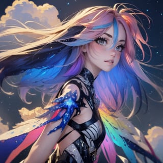 masterpiece,top quality,best quality,watercolor,(medium),official art,beautiful and aesthetic,(1girl:1.3),(fractal art:1.3),upper body,from side,looking at viewer,patterns,rainbow color Hair,colorful hair,half blue and half pink hair,water,liquid,cloud,colorful,starry,stars,sparkly dress