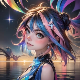 masterpiece,top quality,best quality,watercolor,(medium),official art,beautiful and aesthetic,(1girl:1.3),(fractal art:1.3),upper body,from side,looking at viewer,patterns,rainbow color Hair,colorful hair,half blue and half pink hair,water,liquid,cloud,colorful,starry,stars,sparkly dress