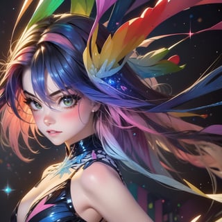 masterpiece,top quality,best quality,watercolor,(medium),official art,beautiful and aesthetic,(1girl:1.3),(fractal art:1.3),upper body,from side,looking at viewer,patterns,rainbow color Hair,colorful hair,half blue and half pink hair,water,liquid,cloud,colorful,starry,stars,sparkly dress