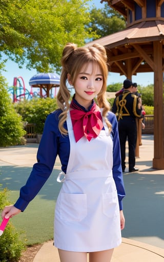 1girl,blonde,twintails,(solo:1.5),theme park.holding Popsicle
white apron,brown dress,(long sleeves:1.1),red neckchief,cccpuniform,sangonomiya kokomi (sparkling coralbone),sangonomiya kokomi