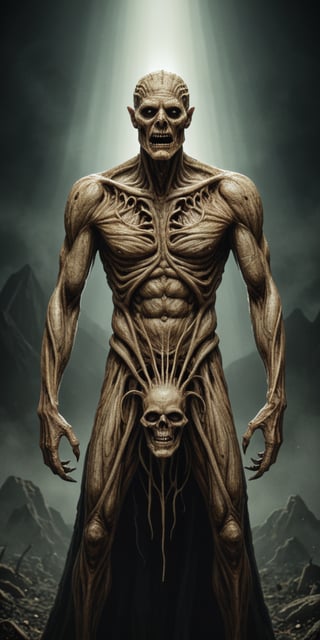 Kelemvor, the Lord of the Dead, a prehistoric enigma, stands against a backdrop of dead black corpses. His golden body and bones glimmer with eerie radiance,
an alien predator hunting humans. Clad in dark shamanic robes with gold plating, seething with rage, transformed into a beast,
utterly devoid of humanity. His full form, with an intricately detailed face and vivid colors,
exudes a terrifying beauty. Horror and elegance intermingle in the most beautiful form of chaos,
a brutalist design, surrounded by a mysterious atmosphere,
crafted by the artistic visions of Wadim Kashin, Todd McFarlane, Josef Albers, and Arkhyp Kuindzhi, merging Russian luminism,
highly detailed, trending on ArtStation, with sharp focus, intricate details, an epic scene, cinematic lighting, photorealistic in its realism.