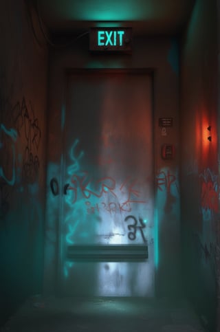 photo r3al,photorealistic,dark room , rusty metal door , (glowing cyan color exit sign),  red light on right wall, graffiti on walls ,dark environment ,cinematic lighting 