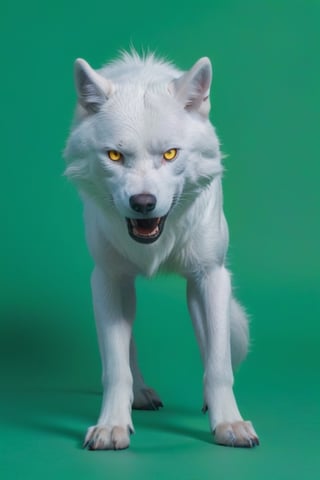 Pure White wolf, (((plane dark green background))) ,full body can be seen, (((four legs can be seen))),((going left)),((yellow eyes)),studio environment with controlled lighting ,dark environment , wolf tail can be seen ,4 legs,angry face,closed mouth