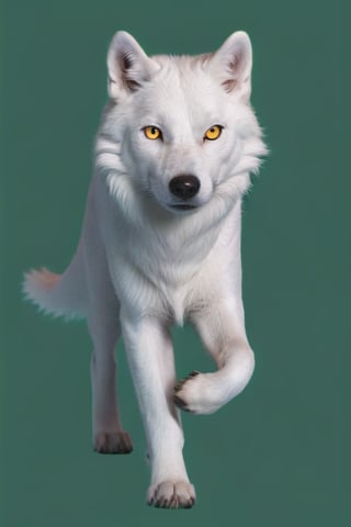 Pure White wolf, (((plane dark green background))) ,full body can be seen, (((four legs can be seen))),((going left)),((yellow eyes)),studio environment with controlled lighting ,dark environment , wolf tail can be seen ,4 legs