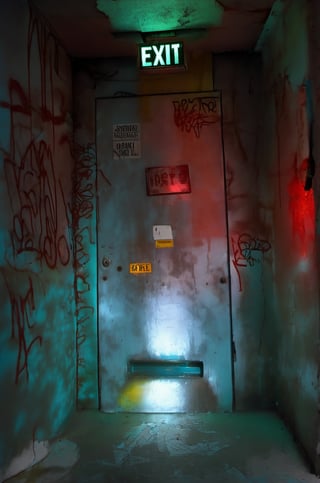 (red light alarm at right side), glowing exit sign at top,more detail XL, slighty damaged and rusted metallic wall, graffiti on wall , rusty yellow box at left side on wall,metallic exit door at front , overexposed cyan color light  flashing at bottom half,photorealistic,photo r3al