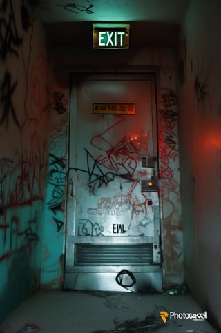 (red light alarm at right side), glowing exit sign at top,more detail XL, slighty damaged and rusted metallic wall, graffiti on wall , rusty yellow box at left side on wall,metallic exit door at front , overexposed cyan color light  flashing at bottom half,photorealistic,photo r3al