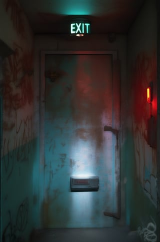 (red light alarm at right side), glowing exit sign at top,more detail XL, slighty damaged and rusted metallic wall, graffiti on wall , rusty yellow box at left side on wall,metallic exit door at front , overexposed cyan color light  flashing at bottom half,photorealistic,photo r3al