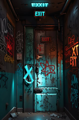 photo r3al,photorealistic,dark room , rusty metal door , (glowing cyan color exit sign),  red light on right wall, graffiti on walls ,dark environment ,cinematic lighting 