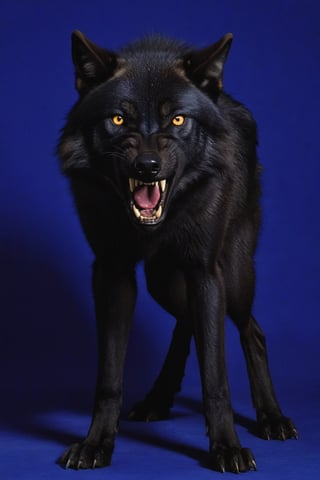 Black wolf,standing, (spread legs),((plane blue back ground)),yellow eyes,open mouth ,angry face,ready to attack,((top view)),((four legs))