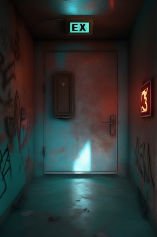 photo r3al,photorealistic,dark room , rusty metal door , (glowing cyan color exit sign),  red light on right wall, graffiti on walls ,dark environment ,cinematic lighting 