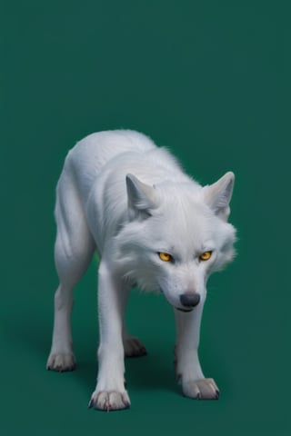 Pure White wolf, (((plane dark green background))) ,full body can be seen, (((four legs can be seen))),((going left)),((yellow eyes)),studio environment with controlled lighting ,dark environment , wolf tail can be seen ,4 legs,angry face,closed mouth