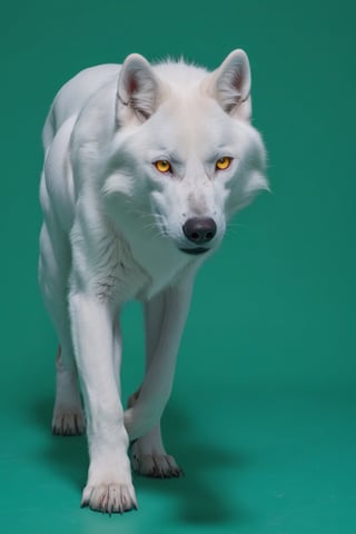 Pure White wolf, (((plane dark green background))) ,full body can be seen, (((four legs can be seen))),((going left)),((yellow eyes)),studio environment with controlled lighting ,dark environment , wolf tail can be seen ,4 legs