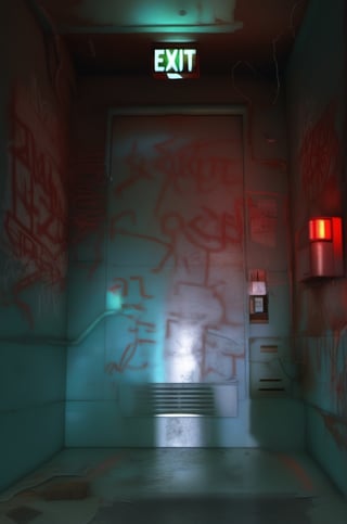 (red light alarm at right side), glowing exit sign at top,more detail XL, slighty damaged and rusted metallic wall, graffiti on wall , rusty yellow box at left side on wall,metallic exit door at front , overexposed cyan color light  flashing at bottom half,photorealistic,photo r3al