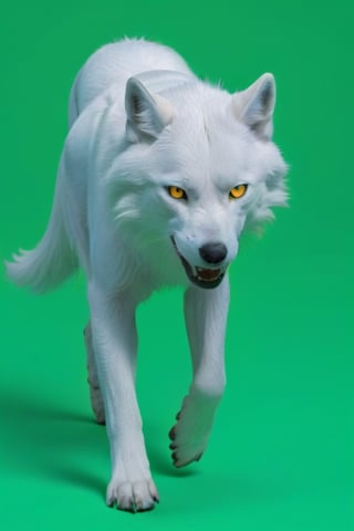 Pure White wolf, (((plane dark green background))) ,full body can be seen, (((four legs can be seen))),((going left)),((yellow eyes)),studio environment with controlled lighting ,dark environment , wolf tail can be seen ,4 legs,angry face,closed mouth