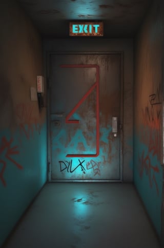 photo r3al,photorealistic,dark room , rusty metal door , (glowing cyan color exit sign),  red light on right wall, graffiti on walls ,dark environment ,cinematic lighting 