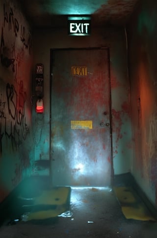 (red light alarm at right side), glowing exit sign at top,more detail XL, slighty damaged and rusted metallic wall and door, graffiti on wall , rusty yellow box at left side on wall,metallic exit door at front , overexposed cyan color light  flashing at bottom half,photorealistic,photo r3al,more saturation ,mail letters of floor, 