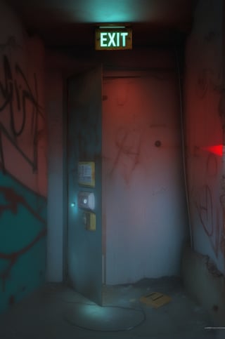 (red light alarm at right side), glowing exit sign at top,more detail XL, slighty damaged and rusted metallic wall, graffiti on wall , rusty yellow box at left side on wall,metallic exit door at front , overexposed cyan color light  flashing at bottom half,photorealistic,photo r3al