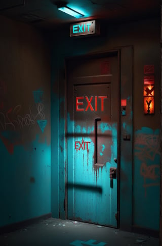 photo r3al,photorealistic,dark room , rusty metal door , (glowing cyan color exit sign),  red light on right wall, graffiti on walls ,dark environment ,cinematic lighting 