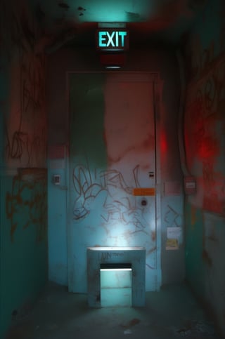 (red light alarm at right side), glowing exit sign at top,more detail XL, slighty damaged and rusted metallic wall, graffiti on wall , rusty yellow box at left side on wall,metallic exit door at front , overexposed cyan color light  flashing at bottom half,photorealistic,photo r3al