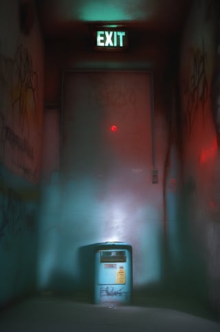 (red light alarm at right side), glowing exit sign at top,more detail XL, slighty damaged and rusted metallic wall, graffiti on wall , rusty yellow box at left side on wall,metallic exit door at front , overexposed cyan color light  flashing at bottom half,photorealistic,photo r3al