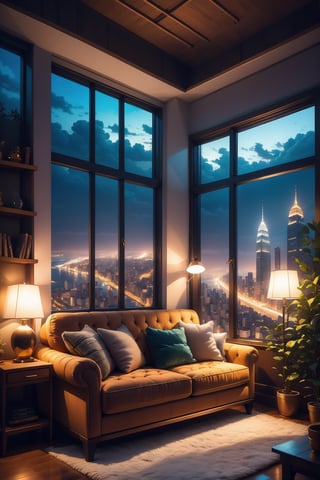 cozy room, sofa, beautiful big window with a view, night time, skyscraper city, mysterious, 