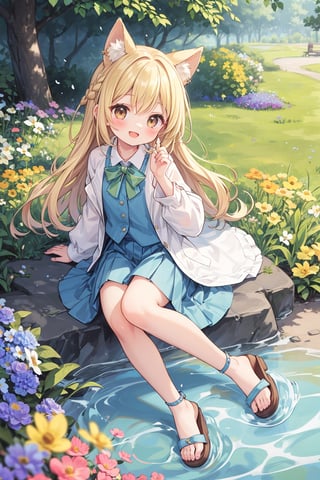 The illustration depicts a furry cute girl, dressed stylishly, in a bright early summer park. She is dressed lightly to match the early summer climate, with a big smile on her face. Around her, fresh green trees and colorful (flowers are in full bloom:1.3) 
BREAK
Her outfit is light to match the early summer climate, consisting of a flared skirt and blouse combination, sandals on her feet, giving refreshing impression. Her hair is long and flowing in the wind, with a small earring shining in her ear.vest
BREAK
1girl,solo,dog ears,french braid,blonde hair,detailed and gradient brown eyes,cute,kawaii,(from above:0.8)