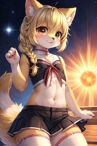 masterpiece,best quality,ultra detailed,highres,absurdres,illustration,cute,kawaii,(girlish:1.1),feminine,soft,texture,long eyelash,
BREAK 1girl,solo,dog ears,french braid,blonde hair,detailed and gradient brown eyes,girly ainu,solar flare,kemono,(furry:1.3),spats,miniskirt