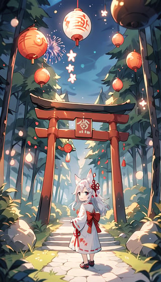 score_9_up, score_8_up, score_7_up,score_6_up,score_5_up,source_anime,masterpiece,best quality,illustration,cute,kawaii,1girl,solo,silver hair,long hair,fox ears,fox tails,formal miko dress primarily white with golden and red embroidery,The hem of the dress flares out gracefully,perfectly complementing her overall look,looking back,torii,shrine gate,fireworks,(dark forest:1.3),(mid night:1.3),silence,quietness