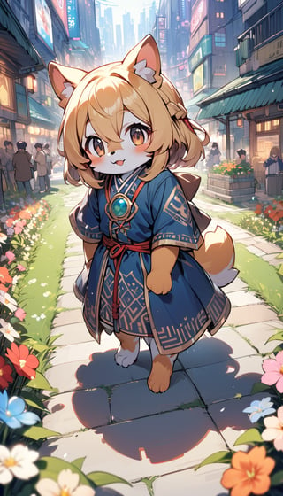 1girl,solo,dog ears,french braid,blonde hair,detailed and gradient brown eyes,(knight dress:1.1),(ainu dress:1.1),standing
BREAK
outdoors,spring flower garden,night,(cybercity:1.3),magnificent view
BREAK
masterpiece,best quality,ultra detailed,highres,absurdres,illustration,cute,kawaii,perfect arrangement,(brave:1.3),(furry:1.15),furry