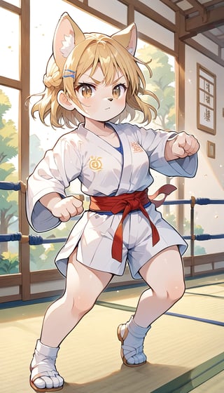 score_9_up, score_8_up, score_7_up,score_6_up,score_5_up,source_anime,masterpiece,best quality,illustration,cute,kawaii,1girl,solo,blonde hair,french_braid,dog ears,gradient brown eyes,paris olympic,judo, wearing judo wear,tatami,judo,sutanding,serious,indoors,furry,judo match,(female judo athlete:1.4),Judo combat pose,chibi