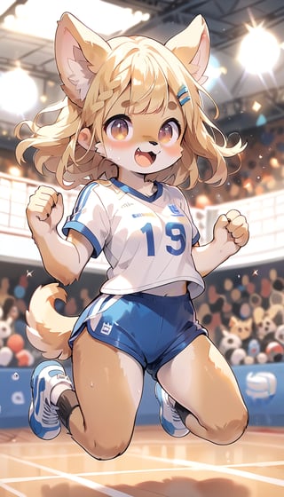  score_9_up, score_8_up, score_7_up,score_6_up,score_5_up,source_anime,masterpiece,best quality,illustration,cute,kawaii,1girl,solo,blonde hair,french_braid,dog ears,gradient brown eyes,On the Olympic stage,a girl playing volleyball. Her sporty posture and focused expression convey a strong determination to win.indoors,volleyball uniform,sweat,serious,(excited:1.1),open mouth,(furry:1.3),(jumping attack:1.3),bum_huggers