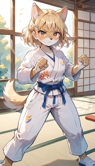 score_9_up, score_8_up, score_7_up,score_6_up,score_5_up,source_anime,masterpiece,best quality,illustration,cute,kawaii,1girl,solo,blonde hair,french_braid,dog ears,gradient brown eyes,paris olympic,judo, wearing judo wear,tatami,judo,sutanding,serious,indoors,furry,judo match,Olympic female judo athlete