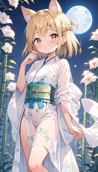  score_9_up, score_8_up, score_7_up,score_6_up,score_5_up,score_4_up,source_anime,masterpiece,best quality,illustration,cute,kawaii,1girl,solo,blonde hair,french_braid,dog ears,gradient brown eyes,(tanabata:1.2),tanzaku,(silver bamboo thicket),blue full moon,(mysterios:1.3),(heresy:1.4),supplication,kimono Ethnic Dress,(see-through long shawl:1.1),