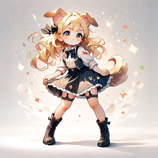 score_9_up, score_8_up, score_7_up,score_6_up,score_5_up,source_anime,source_furry,masterpiece,best quality,illustration,cute,kawaii,watercolor \(medium\),,1girl,solo,1girl,solo,dog ears,blonde hair,french braid,gradient brown eyes,Classic Speakeasy Bartender,fitted black vest over a crisp white blouse with puffed sleeves and a high neckline,full body,high-waisted pencil skirt,lace-up ankle boots,black bow tie, suspenders, and a garter belt with lace detail around the thigh