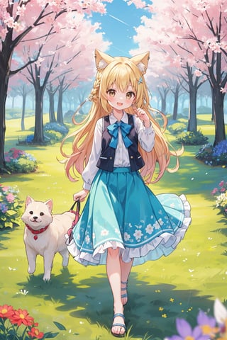 The illustration depicts a high school girl, dressed stylishly, in a bright early summer park. She is dressed lightly to match the early summer climate, with a big smile on her face. Around her, fresh green trees and colorful (flowers are in full bloom:1.3) 
BREAK
Her outfit is light to match the early summer climate, consisting of a flared skirt and blouse combination, sandals on her feet, giving refreshing impression. Her hair is long and flowing in the wind, with a small earring shining in her ear.vest
BREAK
1girl,solo,dog ears,french braid,blonde hair,detailed and gradient brown eyes,cute,kawaii,(from above:0.8)