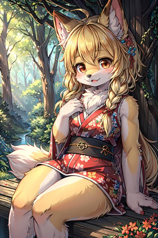 masterpiece,best quality,ultra detailed,highres,absurdres,illustration,cute,kawaii,(furry:1.3),(fluffy body:1.3) BREAK 1girl,solo,dog ears,french braid,blonde hair,detailed and gradient brown eyes,sleeveless kimono,miniskirt,floral print,druid,aristocrat  BREAK outdoors,deep forest,deep crimson,magnificent view,overlooking 