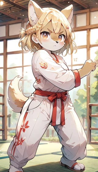 score_9_up, score_8_up, score_7_up,score_6_up,score_5_up,source_anime,masterpiece,best quality,illustration,cute,kawaii,1girl,solo,blonde hair,french_braid,dog ears,gradient brown eyes,paris olympic,,judo cloth,tatami,judo,sutanding,serious,indoors,white pants,furry,fighting stance