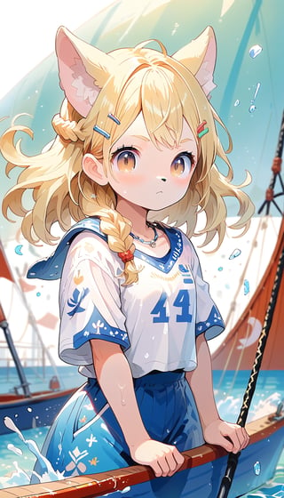 score_9_up, score_8_up, score_7_up,score_6_up,score_5_up,source_anime,masterpiece,best quality,illustration,cute,kawaii,1girl,solo,blonde hair,french_braid,dog ears,gradient brown eyes,On the Olympic stage, a woman is sailing with all her might. Her face shows a serious expression, and you can see the tension in her muscles. Amidst the splashing water, her boat moves forward powerfully, with the audience’s eyes focused on her. Her figure, putting everything into this moment, truly embodies the beauty and tension of sports, score_9_up,(sailing:1.1),(sailboat:1.3)