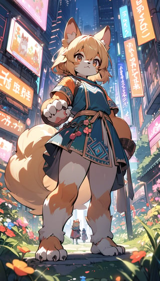 1girl,solo,dog ears,french braid,blonde hair,detailed and gradient brown eyes,(knight dress:1.1),(ainu dress:1.1),standing
BREAK
outdoors,spring flower garden,night,(cybercity:1.3),magnificent view
BREAK
masterpiece,best quality,ultra detailed,highres,absurdres,illustration,cute,kawaii,perfect arrangement,(brave:1.3),(furry:1.15),furry